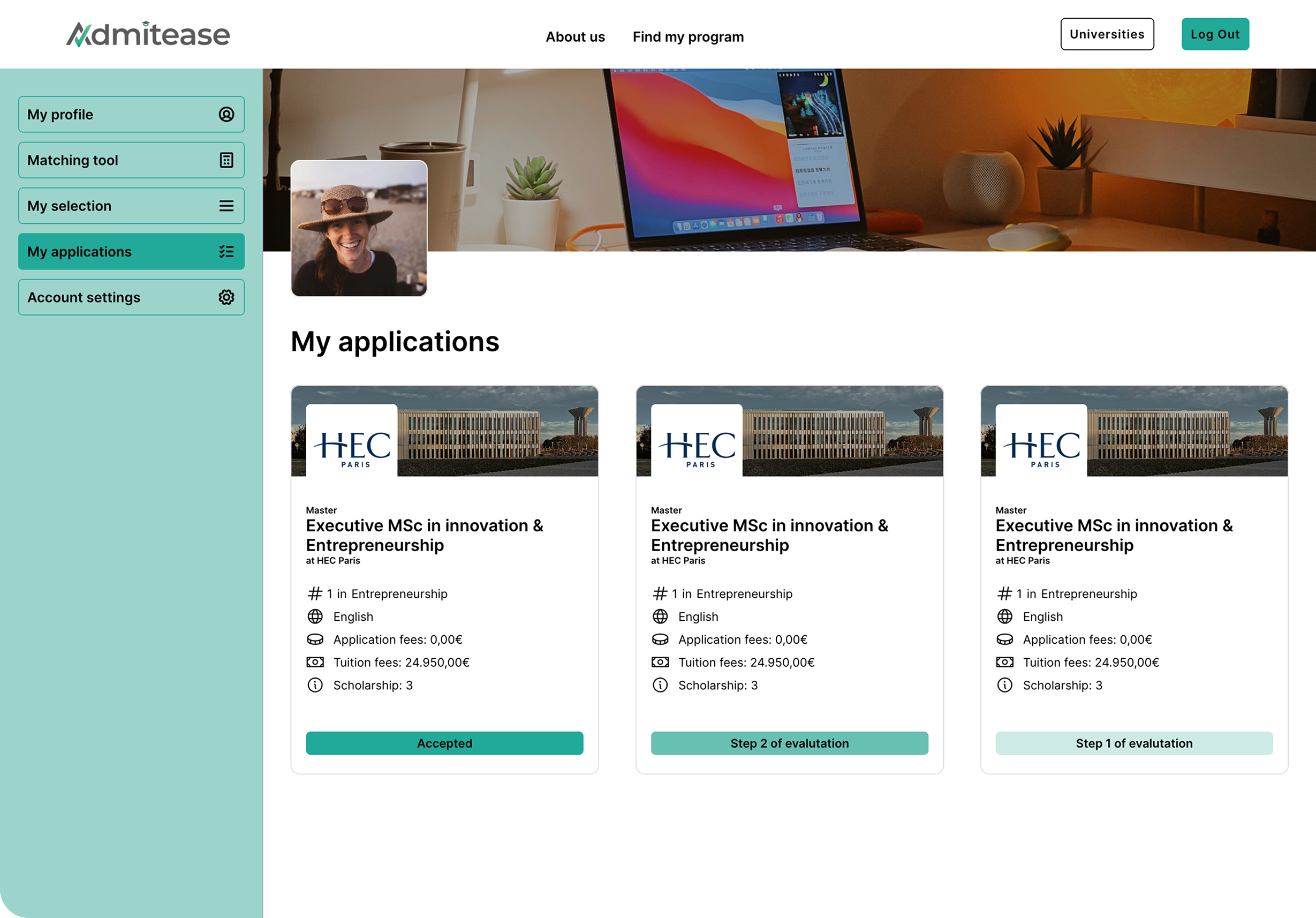Application before redesign