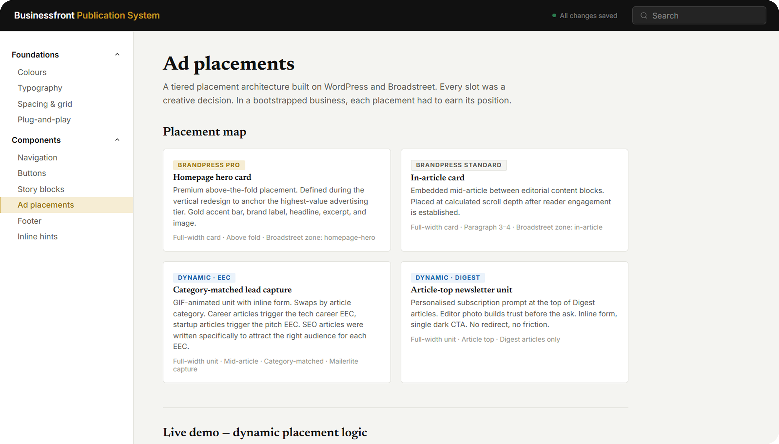 Businessfront publication system — component library and colour tokens